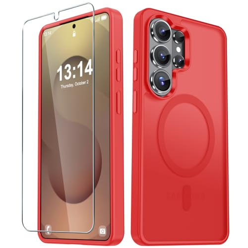 YENAPOON for Samsung Galaxy S26 Ultra Case, Matte Magnetic Phone Cover, Red | Fit for MagSafe, Screen Protector included, Shockproof Military Grade Protection, Translucent Frosted Back - color: Red, size: For Galaxy S26 Ultra