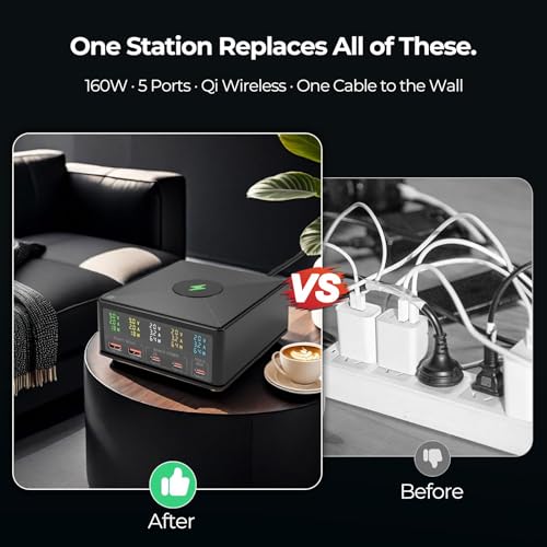 160W Desktop Charger Station with Wireless Charging Pad & Per-Port Display