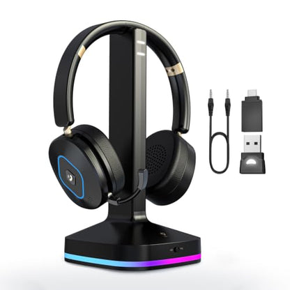 Bluetooth Headset with Microphone, Wireless Headset AI Noise Cancelling, Dual-Mode Bluetooth 6.0 & 2.4G Dongle, Wireless Headphones for 45H Work RGB/HUB Base, Meeting/Office/PC/Phone/Teams/Zoom