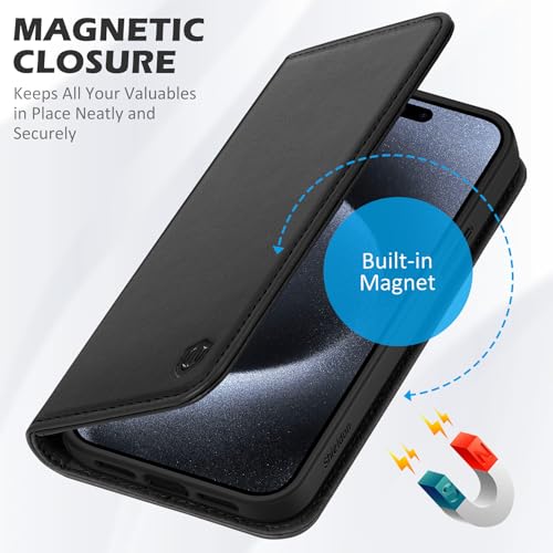 SHIELDON Genuine Leather Wallet Case for iPhone 15 Pro Max 6.7" 2023, Black | Magnetic Closure, RFID Blocking, Credit Card Holder, Kickstand, Folio Book Design, Soft Shockproof Phone Cover - color: Black