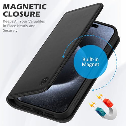 SHIELDON Genuine Leather Wallet Case for iPhone 15 Pro Max 6.7" 2023, Black | Magnetic Closure, RFID Blocking, Credit Card Holder, Kickstand, Folio Book Design, Soft Shockproof Phone Cover - color: Black