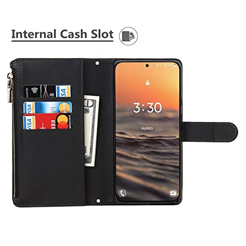 iCoverCase for Samsung Galaxy S23 Wallet Case with Card Holder, Kickstand Feature PU Leather Case with Adjustable Crossbody Lanyard Magnetic Clasp Zipper Pocket Flip Cover (Black) - color: Black, size: Galaxy S23