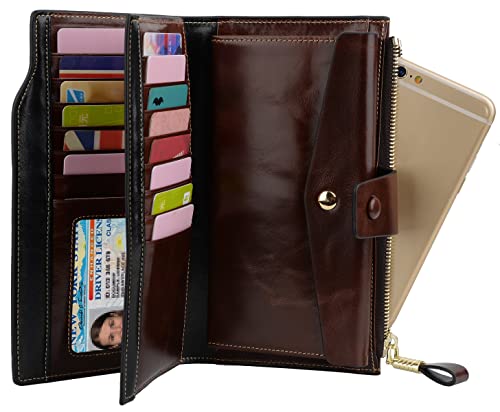 YALUXE Women's Real Leather Wallet RFID Protect 21 Card Slots Phone Pocket - color: 6- Waxed Coffee, size: Genuine Leather
