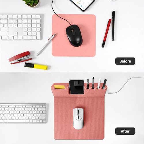 Mouse Pad with Phone Holder & Pen Holders, Wireless Charging Desk Mat, Mousepad Home Office Desk Pad with Ultra-Smooth Surface, Non-Slip Base, Waterproof Keyboard Pad, Classic Pink Desk Mat - color: Pink