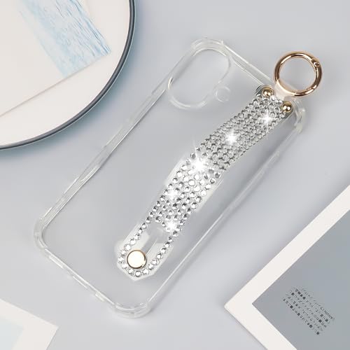 Omio Compatible with iPhone 16 Case Clear Luxury Glitter Sparkle Rhinestone Diamond Stand Holder Case Soft TPU Silicone Slim Cover with Wrist Strap Grip Holder Kickstand for Women Girls Clear - size: iPhone 16