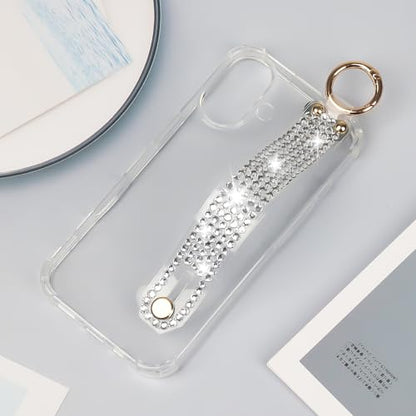 Omio Compatible with iPhone 16 Case Clear Luxury Glitter Sparkle Rhinestone Diamond Stand Holder Case Soft TPU Silicone Slim Cover with Wrist Strap Grip Holder Kickstand for Women Girls Clear - size: iPhone 16