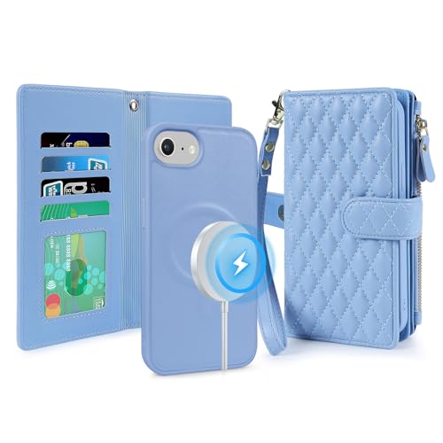 for iPhone 16e/17e Case Wallet,Compatible with MagSafe Magnetic 2 in 1 Magnetic Detachable PU Leather RFID Blocking Wallet Cover Card Holder Zipper Wrist Strap Lanyard,Quilted Blue - color: Quilted Blue