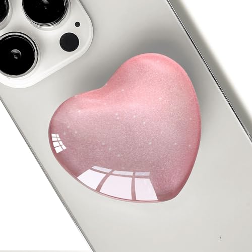 Expandiing Moblile Cell Phone Grip Heart Shape Glass Holder for Smartphones, Cellphone Collapsible Stand（ Pink