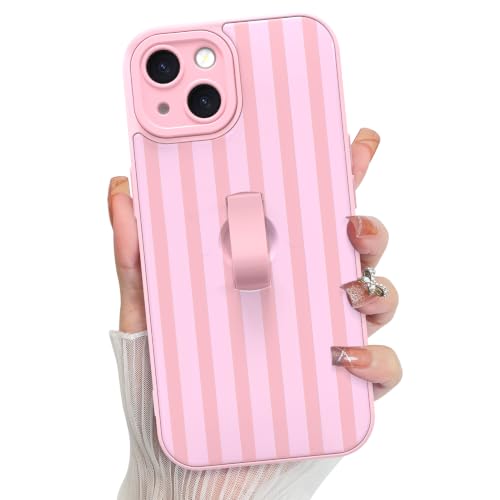 KANGHAR Compatible with iPhone 15 Case Stripes Pattern -Pink | Silicone Cute, Wristband Kickstand Camera Protection Soft Slim Cover for Girls Women - color: Pink-Stripes, size: iPhone 15