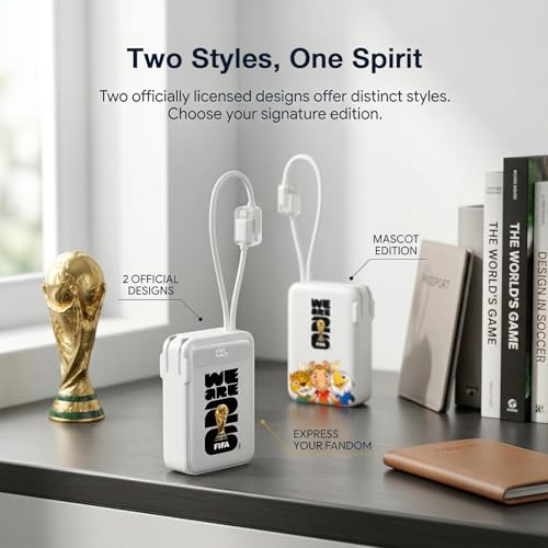 2026 FIFA Licensed Power Bank with Built-in Cable and Foldable Wall Plug, 22.5W 10000mAh Portable Charger, 3-in-1 Power Bank for iPhone 17/16 Series, FIFA World Cup 2026 Official Merchandise, White - color: White