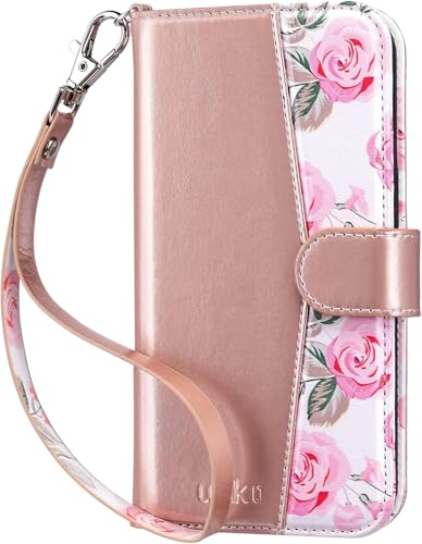 ULAK Compatible with iPhone 16 Pro Wallet Case, Rose Pink Floral | with Card Holder, [RFID Blocking] PU Leather Case with Kickstand Wrist Strap, Durable Shockproof Protective Cover 6.3 Inch - color: Rose Gold, size: iPhone 16 Pro - 6.3 inch