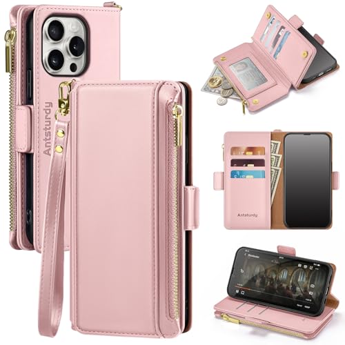 Antsturdy for iPhone 15 Pro Phone Wallet Case Women,Pink | RFID Blocking,with Credit Card Holder Slots,PU Leather Purse,Zipper Pocket,Wrist Strap Kickstand,Flip Folio Cover for Men - color: Pink