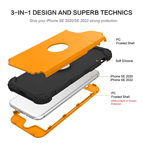BENTOBEN for iPhone SE 2022 Case and iPhone SE 2020 Phone Case, Heavy Duty 3 in 1 Full Body Rugged Shockproof Hybrid Hard PC Soft Rubber Bumper Drop Protective Girls Women Boy Men Cover, Deep Yellow - color: Black/Deep Yellow