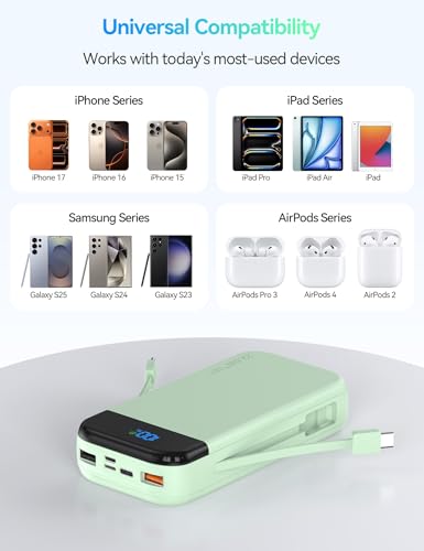 Phone Battery Bank 32000mAh 22.5W w/Built-in Cables & USB C Fast Charging - color: Green