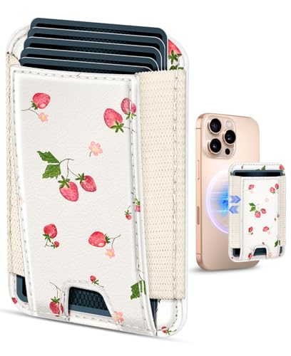 Compatible with Magsafe Wallet Magnetic Card Holder - for Women Leather Phone Wallet Fits 7 Cards Slim RFID Card Holder for iPhone 16/15/14/13/12 for Samsung S25 Ultra/S24 Ultra, Strawberry - style: Color Strawberry