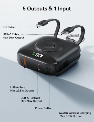 Portable Charger 10000mAh 22.5W Power Bank Built-in 2 Cables Keychain | Charge 5 Devices, TSA approved, Travel Fast Charging Battery Pack for iPhone Samsung Google Android & iWatch Charger, Black - color: Black