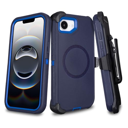 Phone Case for iPhone 16e Magnetic Case with Clip & 360°Rotating Kickstand | Compatible with MagSafe, Heavy Duty Drop Protection, Rugged Shockproof Protective Case for iPhone 16e Case with Kickstand - color: Navy+Blue