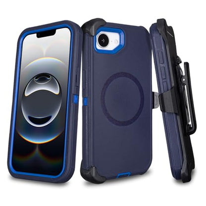 Phone Case for iPhone 16e Magnetic Case with Clip & 360°Rotating Kickstand | Compatible with MagSafe, Heavy Duty Drop Protection, Rugged Shockproof Protective Case for iPhone 16e Case with Kickstand - color: Navy+Blue