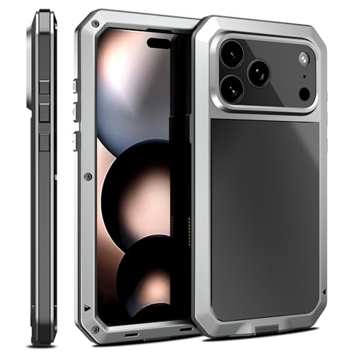 Compatiable with iPhone 17 Pro Max Case,360 Full Body Protective Cover Heavy Duty Shockproof [Tough Armour] Aluminum Alloy Metal Case with Silicone Built-in Screen Protector - Silver - color: Silver