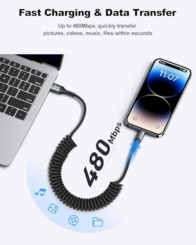 USB to Lightning Cable for Car 6FT, Coiled iPhone Charger Braided USBA to - size: 6FT, style: USB A to Lightning