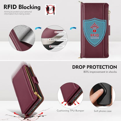Antsturdy Crossbody Phone Wallet Case for iPhone 13 Pro,Wine Red | RFID Blocking,PU Leather Flip Cover,Kickstand,with Credit Card Holder,Wrist Strap Lanyard & Handbag Purse,for Women & Men - color: (Crossbody) - Wine Red