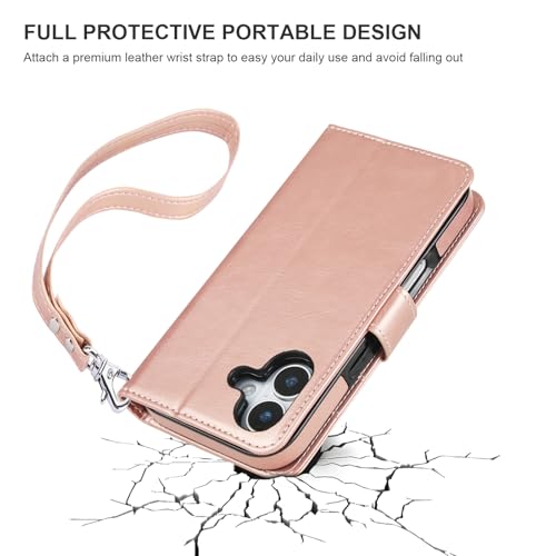 Bocasal Detachable Wallet Case Card Holder for iPhone 17, Rose Gold | RFID Blocking Kickstand Card Slots Holder PU Leather Magnetic Shockproof Wrist Strap Removable Flip Protective Cover 6.3 inch - color: Rose Gold