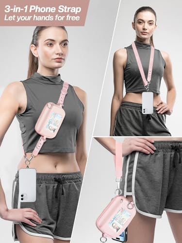 Tiostep Clip and Go Strap for Phone with Wallet Crossbody Phone Lanyard Adjustable and Detachable RFID Wristlet Wallet (Pink, Large) - color: Pink, size: Large