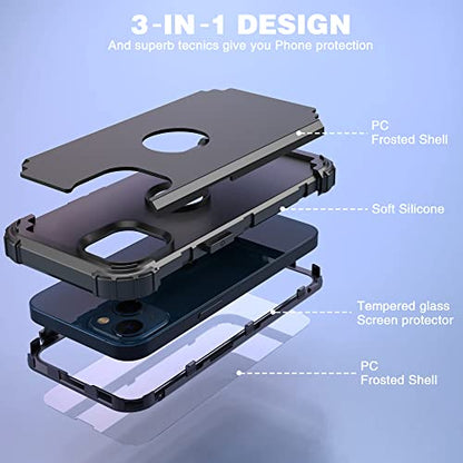 IDweel for iPhone 15 Case with Tempered Glass Screen Protector, 3 in 1 Shockproof Slim Hybrid Heavy Duty Hard PC Cover Soft Silicone Bumper Full Body Case,Black - color: Black