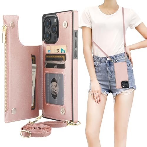Bocasal Crossbody Wallet Case with Strap for iPhone 16 Pro Max, Rose Gold | RFID Blocking Card Slot Holder, Magnetic Flip Folio Purse Case, PU Leather Zipper Handbag Detachable Lanyard Strap 6.9 Inch - color: Rose Gold