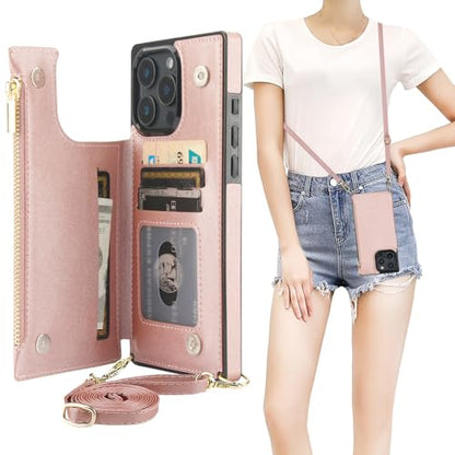 Bocasal Crossbody Wallet Case with Strap for iPhone 16 Pro Max, Rose Gold | RFID Blocking Card Slot Holder, Magnetic Flip Folio Purse Case, PU Leather Zipper Handbag Detachable Lanyard Strap 6.9 Inch - color: Rose Gold