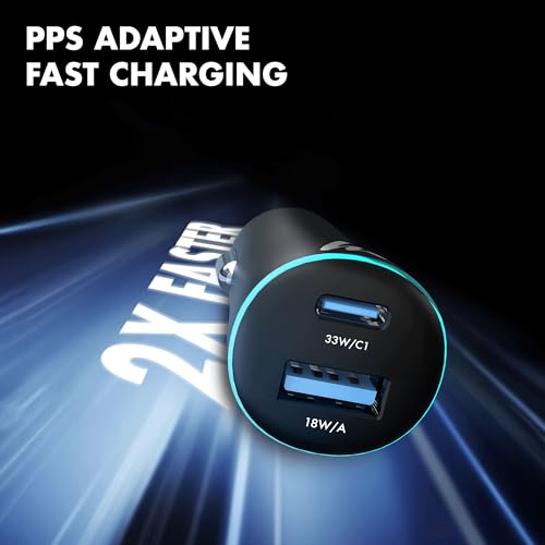 PD 51W Superfast Charging Wozoyo Car Charger, with Type C and USB A, Power Delivery, PPS & QC 3.0, Dual Port (33W + 18W), 12V–24V Compatible, Multi-Layer Protection, 2-Years Manufacturer Warranty