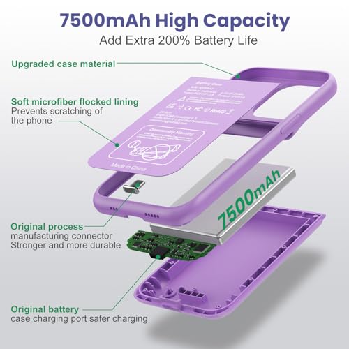 Feob Battery Case for iPhone 13/13 Pro/14,[2025 Upgraded] 7500 mAh Ultra-Slim Portable Extended Charger Cover for iPhone 13/13 Pro/14 Charging Case (6.1 Inch)-Purple - color: Purple