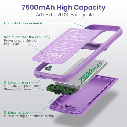 Feob Battery Case for iPhone 15Pro (6.1Inch), Real 7500mAh Ultra Slim Portable & 15W Fast Charging, Rechargeable Protective Extended Charger Case Cover Only for iPhone 15Pro Charging Case-Purple - color: Purple