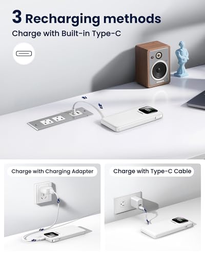 Portable Charger with Built-in Cables,22.5W Super Fast Charging Power Bank Slim Phone Charger,10000mAh Travel Battery Pack Battery Bank with Smart LED Display for iPhone, Android & USB-C - color: White