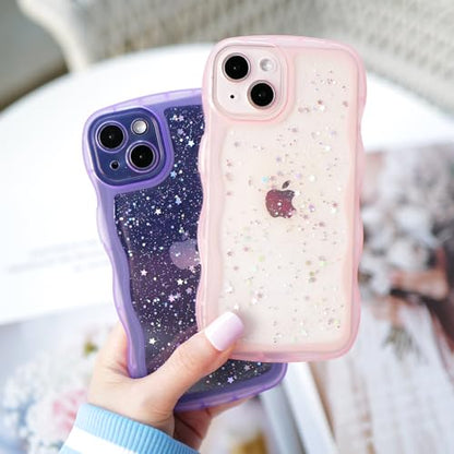 Glitter case for iPhone 13/14 Wavy Edge Black | Bling Sparkle Glitter，Wavy Edge，Full Protection Soft TPU，Kawaii Cute Phone Case for Women Girls - color: Black