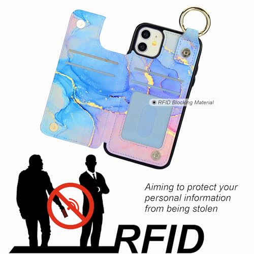 HAOPINSH for iPhone 11 Wallet Case with Card Holder, Pink Blue Marble Print Back Flip Folio PU Leather Kickstand Card Slots Case, Finger Grip Ring Double Magnetic Clasp Shockproof 6.1" - color: Pink Blue Marble Grip Ring