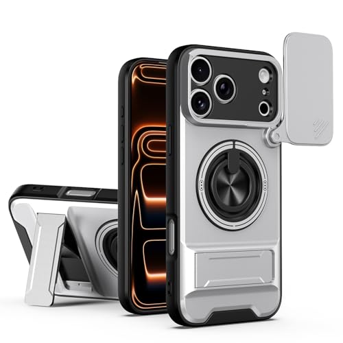 Designed for iPhone 17 Pro Max Case 6.9" Case with Slide Lens Protection + 360° Rotate Ring Magnetic Kickstand,Military Grade Shockproof Heavy Duty Protective Holder Cover Silver - color: Silver, size: for iPhone 17 Pro Max 6.9"