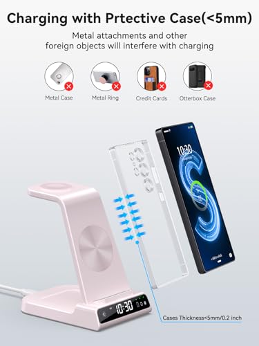Wireless Charger for Samsung S25 with Clock 3 in 1 Android Charging Station - color: Pink
