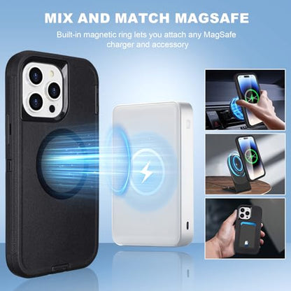 Defender for iPhone 14 Pro Max Magnetic Case with Belt Clip Holster, Black | Compatible with MagSafe, Heavy Duty Rugged Shockproof Anti-Drop Full Body Protective Case for iPhone 14 Pro Max, 6.7 Inch - color: Black