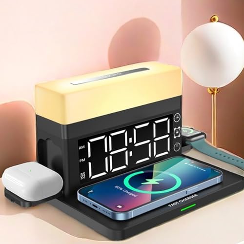 6 in 1 Wireless Charger, 15W Fast Charging Station with Digital Clock, Alarm & Night Light, Multi-Device Charging Dock for Phone/Smartwatch/Earbuds, RGB Ambient Light, N65 Black. - color: Wireless Charger Alarm Clock N65 Black