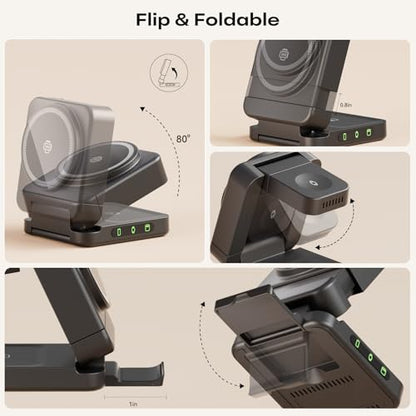 Wireless Charger 3 in 1, Foldable Charging Station for Apple Samsung Multi Devices Charging, Magnetic Charging Stand, Portable Travel Fast 15W Charger Station for iPhone, TWS, iWatch (Black)