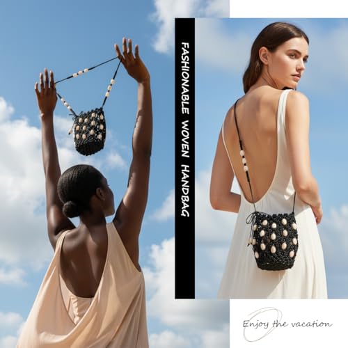 Boho Beaded Small Crossbody Bag for Women, Lightweight Crochet Cell Phone Purse with Adjustable Strap Crossbody Phone Purse - color: Black