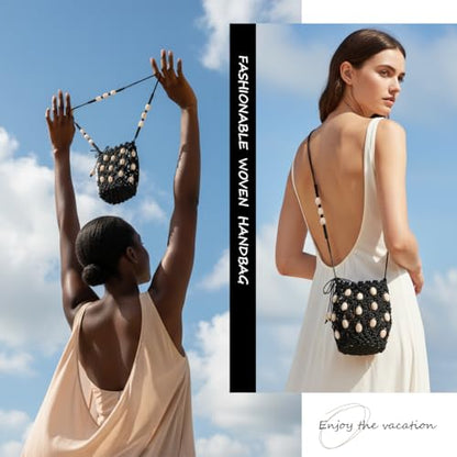 Boho Beaded Small Crossbody Bag for Women, Lightweight Crochet Cell Phone Purse with Adjustable Strap Crossbody Phone Purse - color: Black