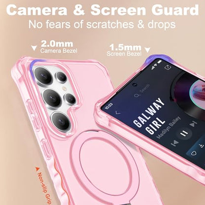 Compatible with Samsung Galaxy S25 Ultra Case 6.9'' Cute Wavy Frame with Magnetic Stand [Compatible with Mag-Safe] Military-Grade Translucent Phone Case for Women Girl, Pink - color: Pink, size: Samsung Galaxy S25 Ultra