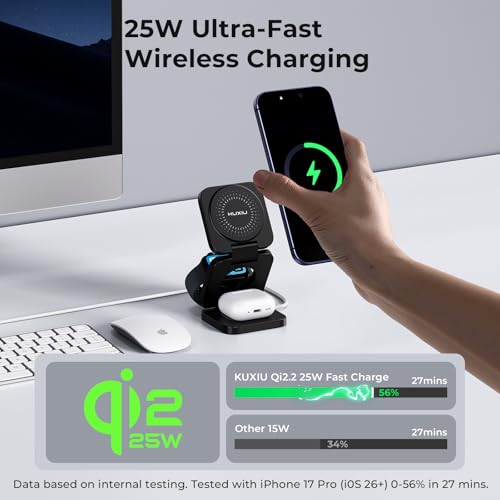 KU XIU X55 Turbo Qi2.2 25W Fast 3-in-1 Charging Station for Apple Device - color: Black-B