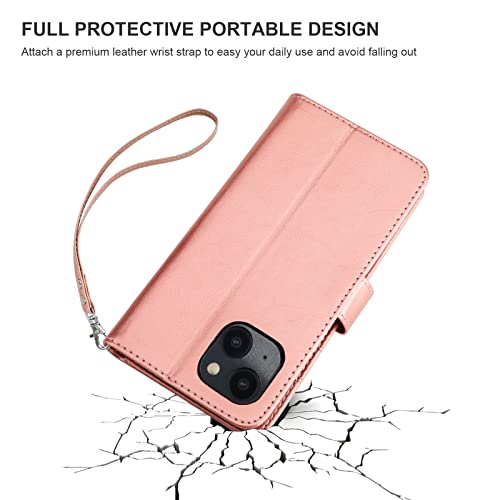 Bocasal Detachable Wallet Case Card Holder for iPhone 14 Plus, Rose Gold | RFID Blocking Kickstand Card Slots Holder PU Leather Magnetic Shockproof Wrist Strap Removable Flip Protective Cover 6.7 inch - color: Rose Gold