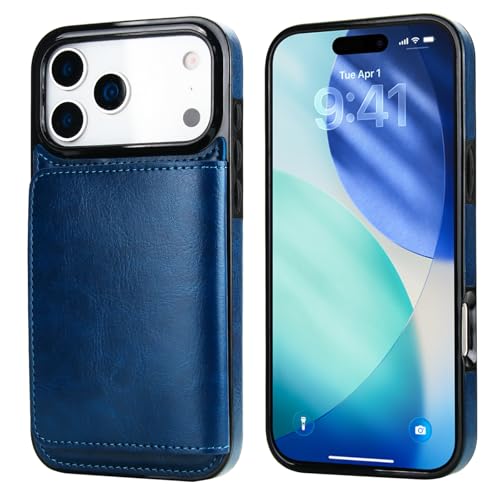 KIHUWEY Compatible with iPhone 17 Pro Max Wallet Case Credit Card Holder, Premium Leather Kickstand Flip Hidden Magnetic Clasp Durable Shockproof Protective Cover for 6.9 inch (Blue) - color: Blue