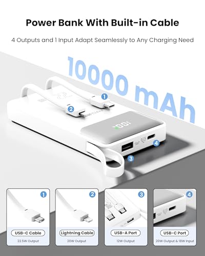 PISEN 3C Certified Power Bank - 10000mAh 22.5W CCC Power Bank with Built in Cable, Travel Battery Pack Portable 3C Charger with LED Display, Portable Charger with Built in Cable for iPhone, Samsung