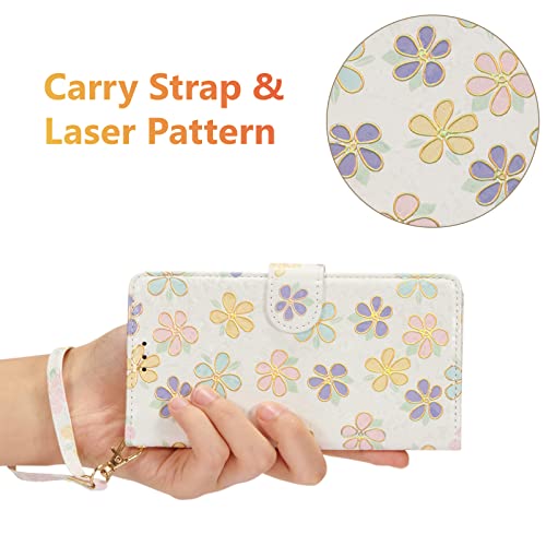 UEEBAI Wallet Case for iPhone 13, PU Leather Phone Cover Kickstand RFID Blocking Flip Case Card Slots Wrist Strap Relief Engraved Pattern Magnetic Closure Flower Folio Wallet, White Daisy - color: White Daisy, size: iPhone 13