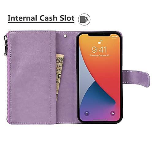 iCoverCase Compatible with iPhone 13 Wallet Phone Case with Card Holder, PU Leather Zipper Pocket Magnetic Detachable Flip Case with Wrist Strap (Purple) - color: Detachable--Purple